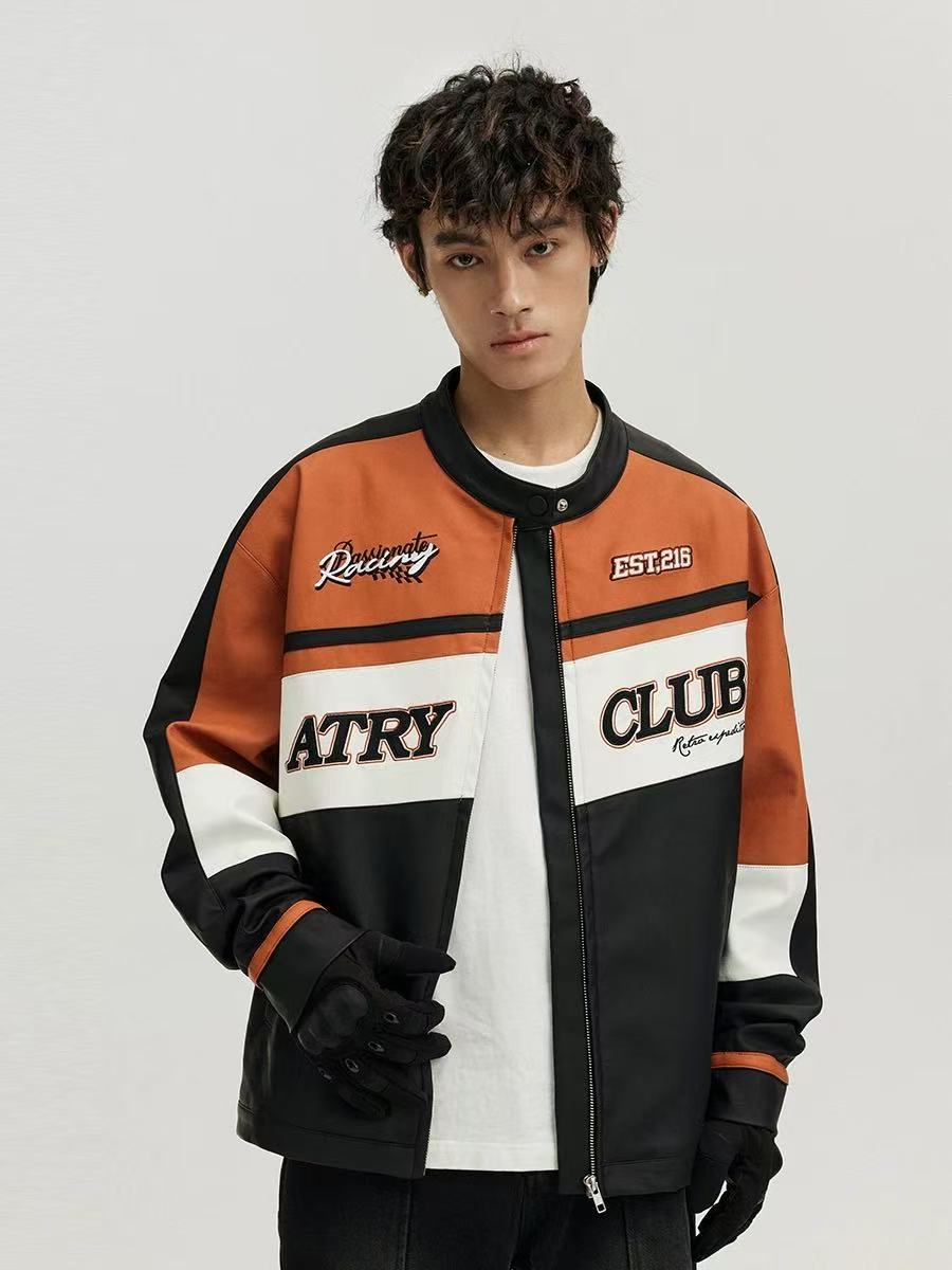 ATRY Contrast Color Racing Leather Jacket