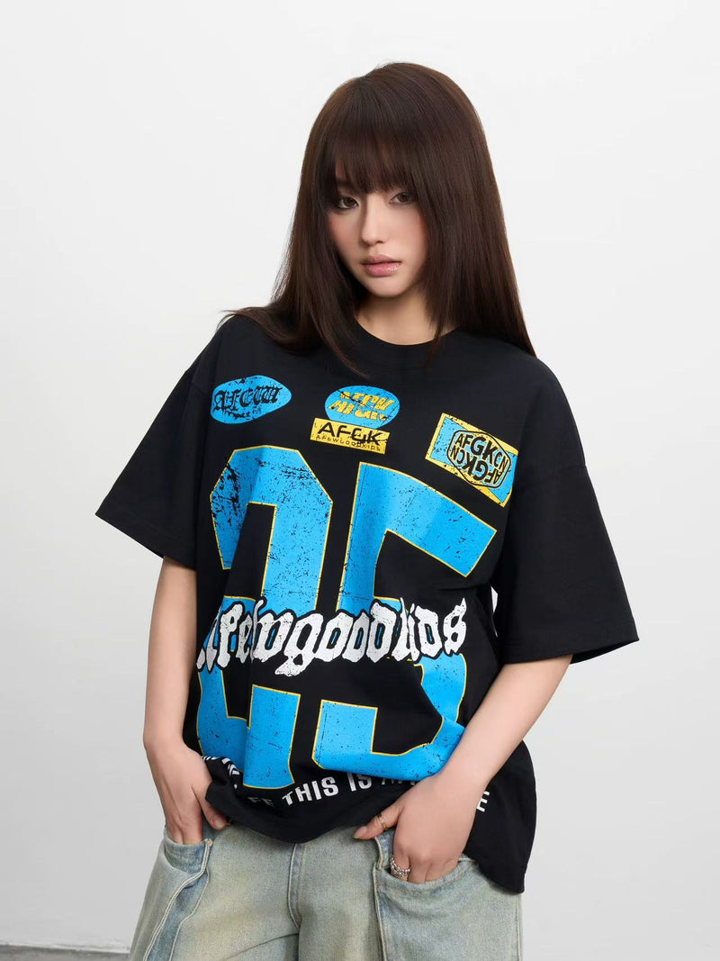 AFGK Retro Distressed Logo Print Short-sleeved T-shirt