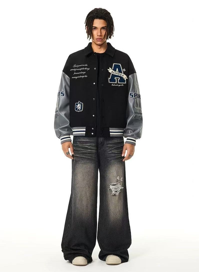 ACHOCK Embroidered Lapel Vintage Baseball Jacket