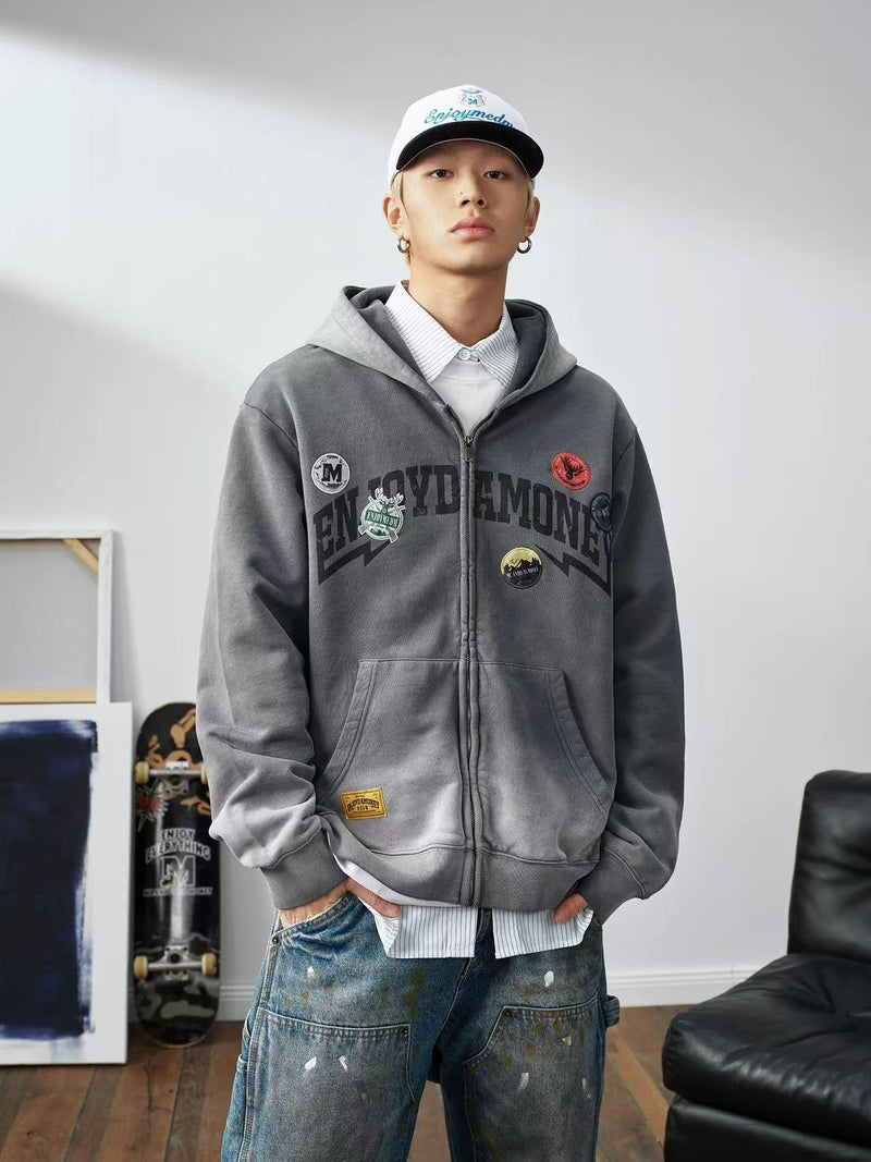 MEDM Hunting Theme Distressed Washed Zipper Hoodie