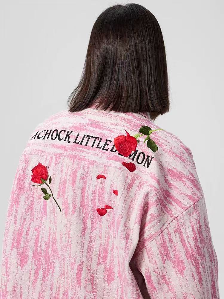 ACHOCK Rose Embroidery Washed Distressed Long-sleeve Shirt