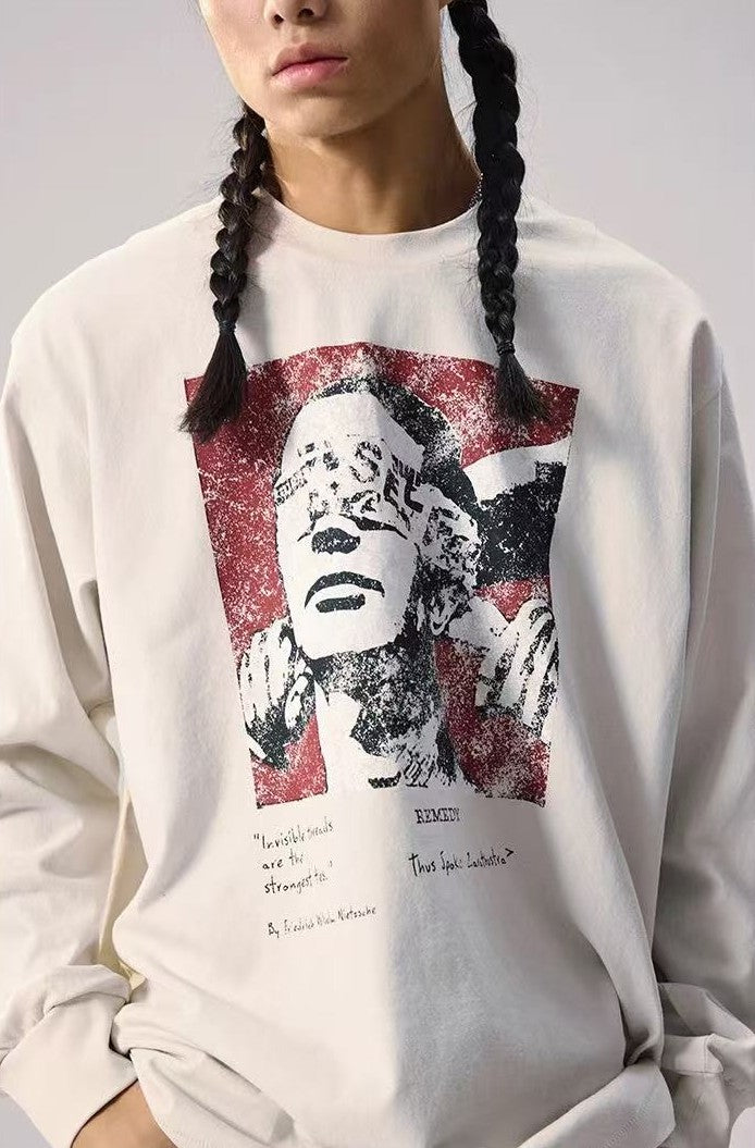 REMEDY Retro Distressed Printing Long-sleeve Tee