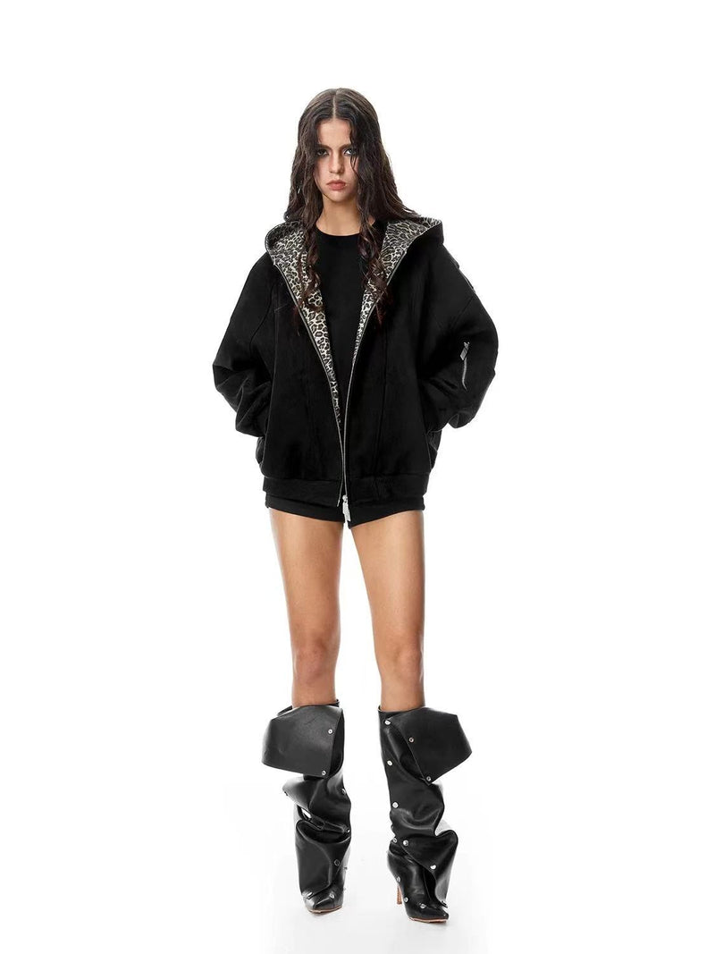 FDR Leopard Print Suede Hooded Jacket