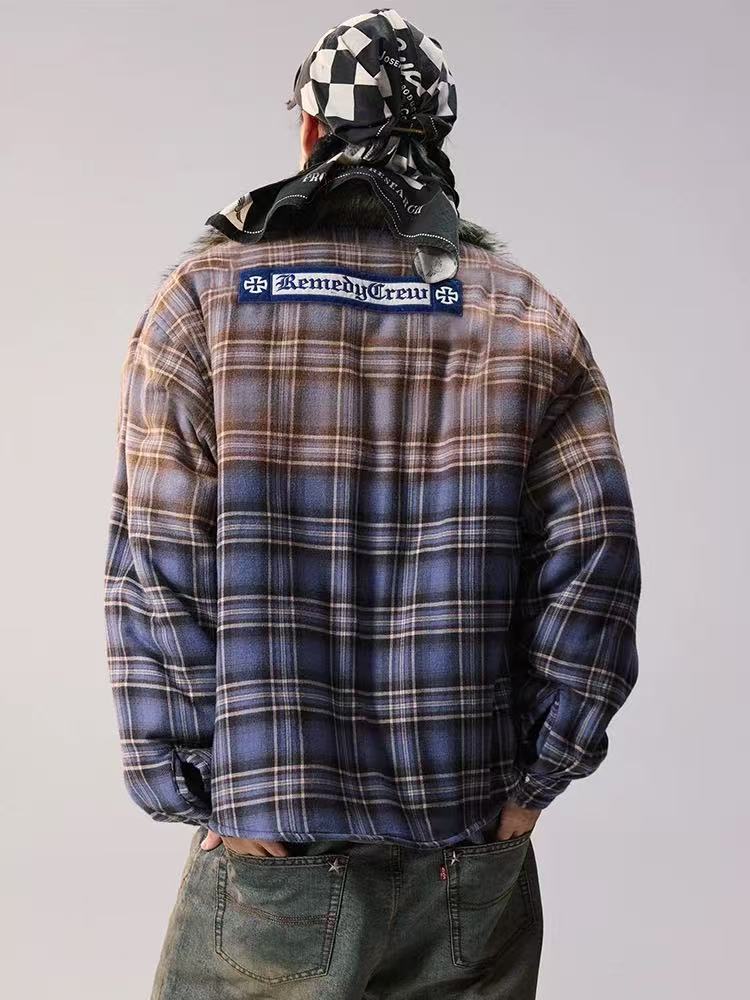 REMEDY Thickened Gradient Distressed Plaid Fur Collar Cotton Coat