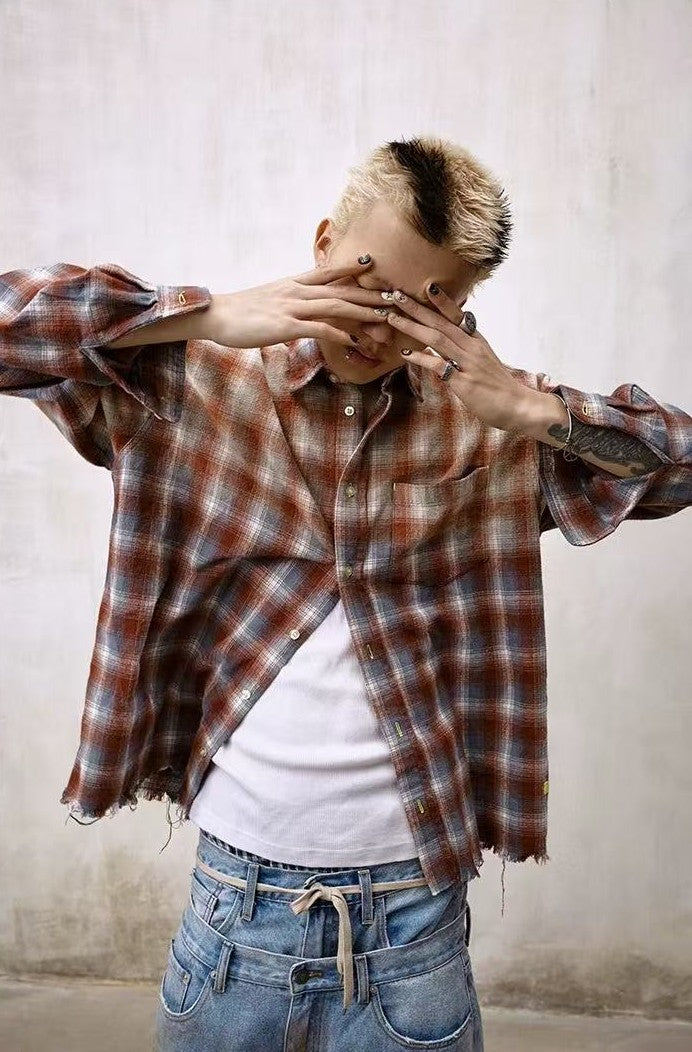 REMEDY Fringed Plaid Long-sleeve Shirt