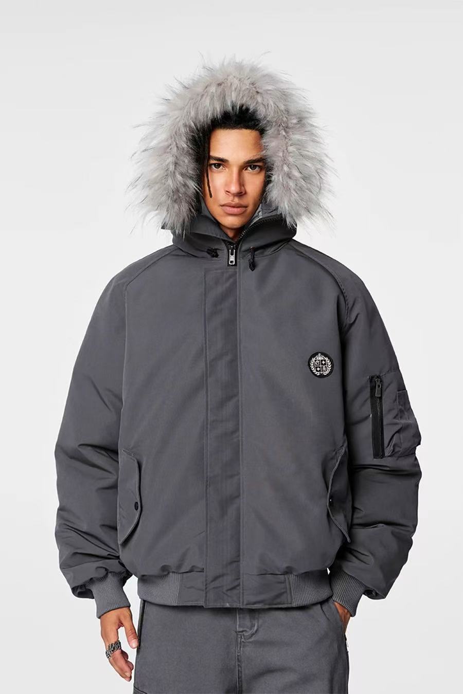 ACHOCK Logo Design Fur Collar Hooded Cotton Coat