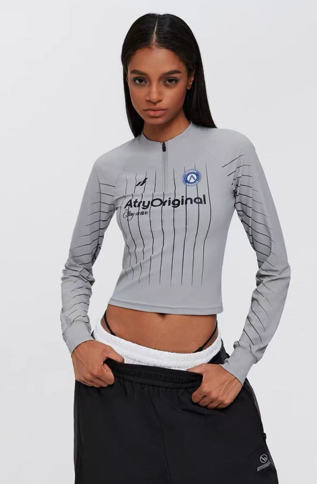 ATRY Striped Half-zip Long-sleeved T-shirt (For Women)