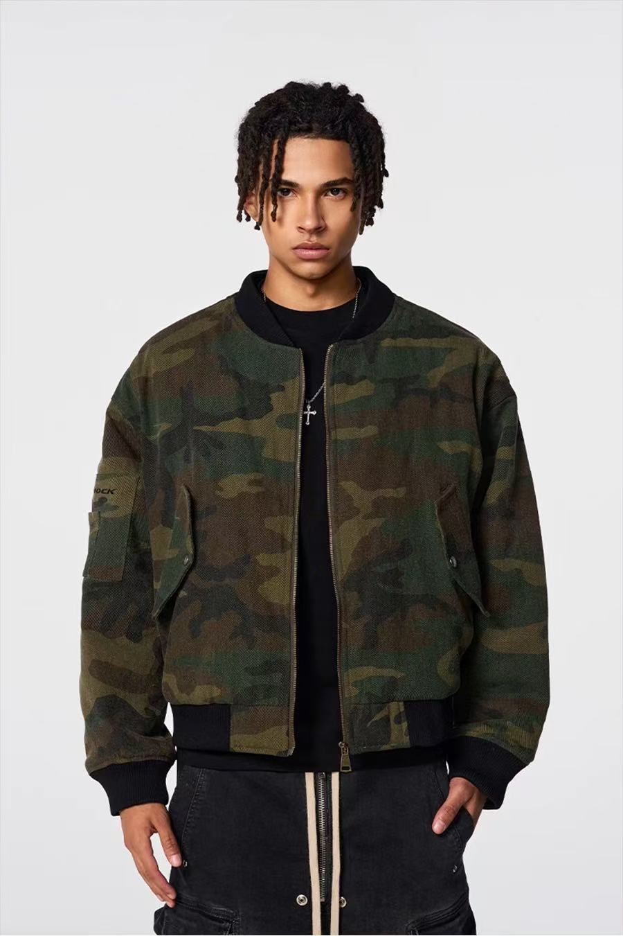 ACHOCK Washed Distressed Camouflage Cotton Bomber Jacket