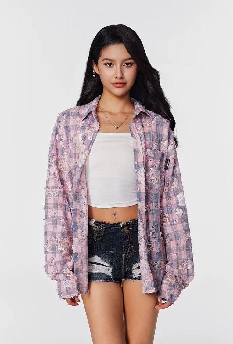 ACHOCK Lace Lapel Plaid Long-sleeve Shirt