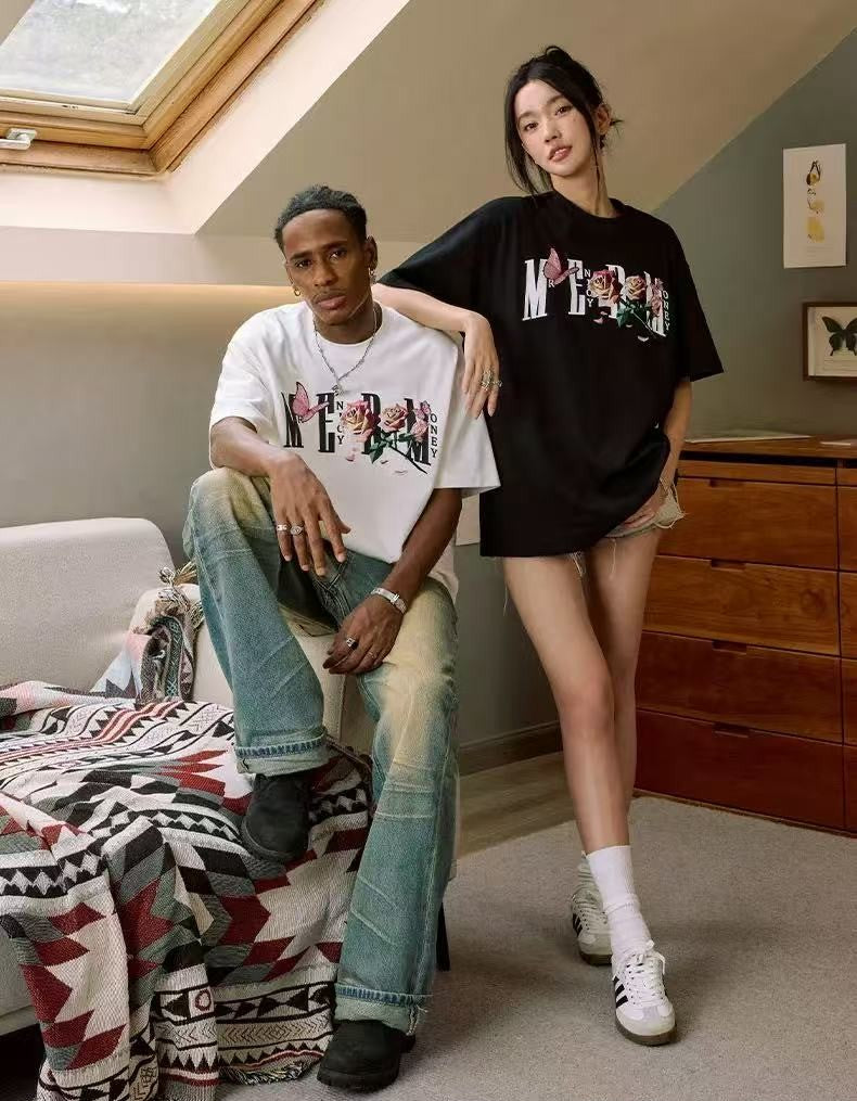 MEDM Origami Slice Rose Butterfly Embroidered Short-sleeved T-shirt