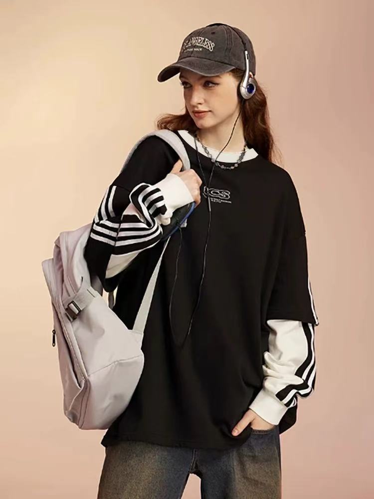 ICONSLAB Striped Webbing Fake Two-piece loose Pullover Crew Neck Sweatshirt