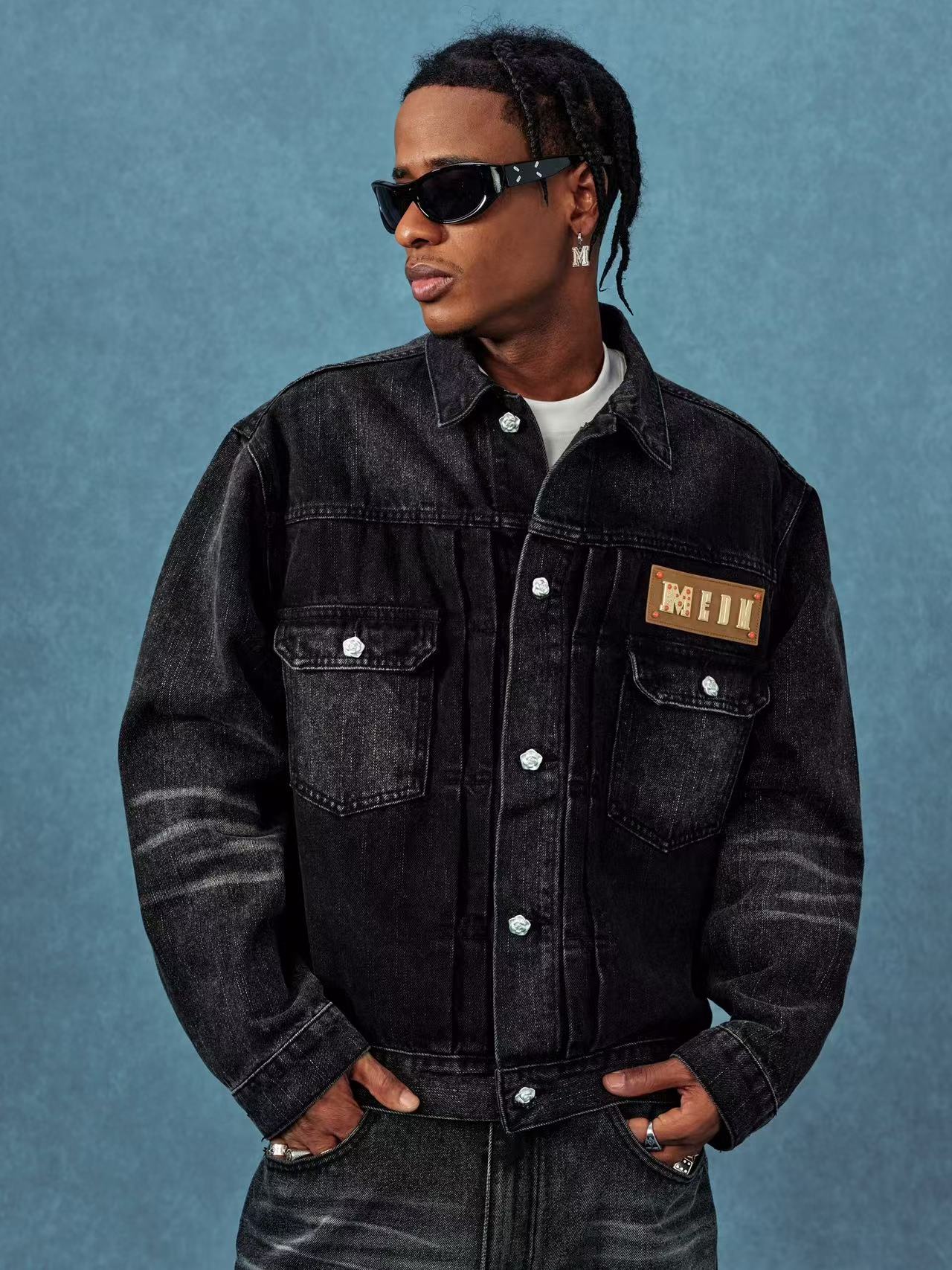 MEDM Leather Patch Distressed Washed Denim Jacket