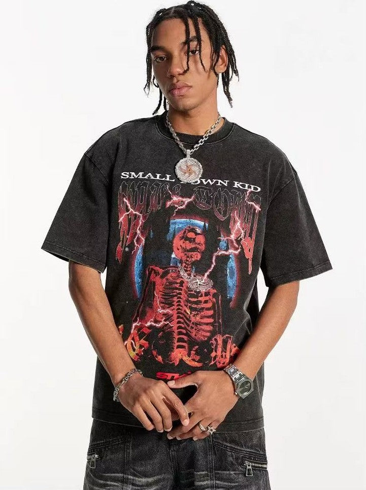 STK Washed Skull Print Crew Neck T-Shirt