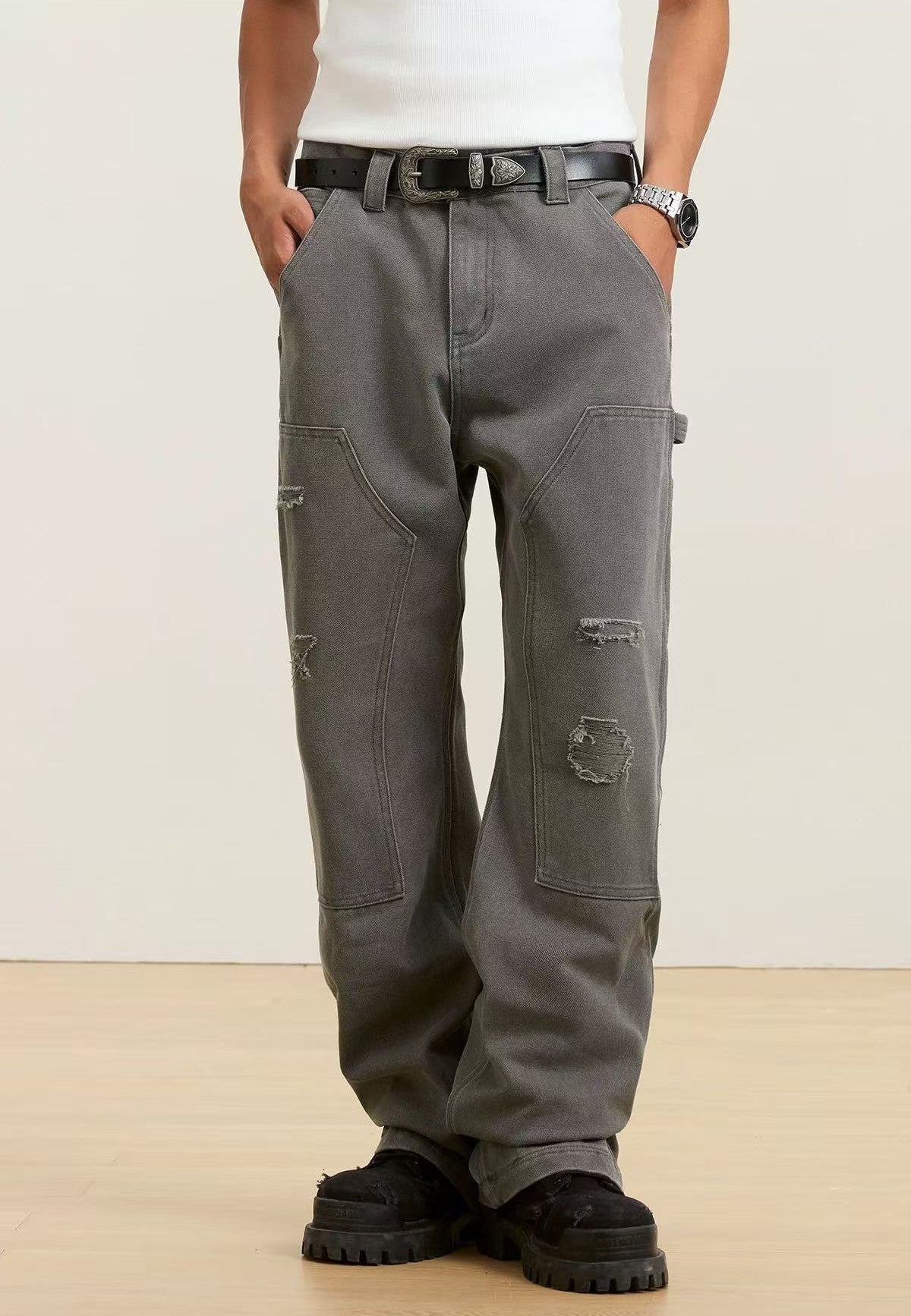 STK Washed Distressed Patchwork Jeans