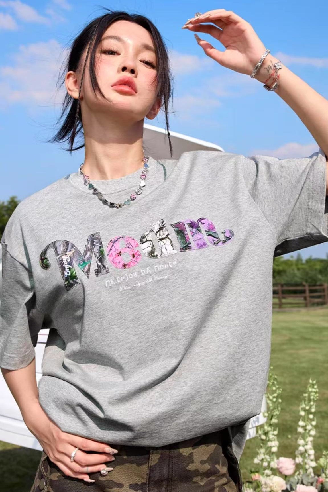 MEDM Floral Fruit Branch Padded Patch Embroidered Short-sleeved T-shirt