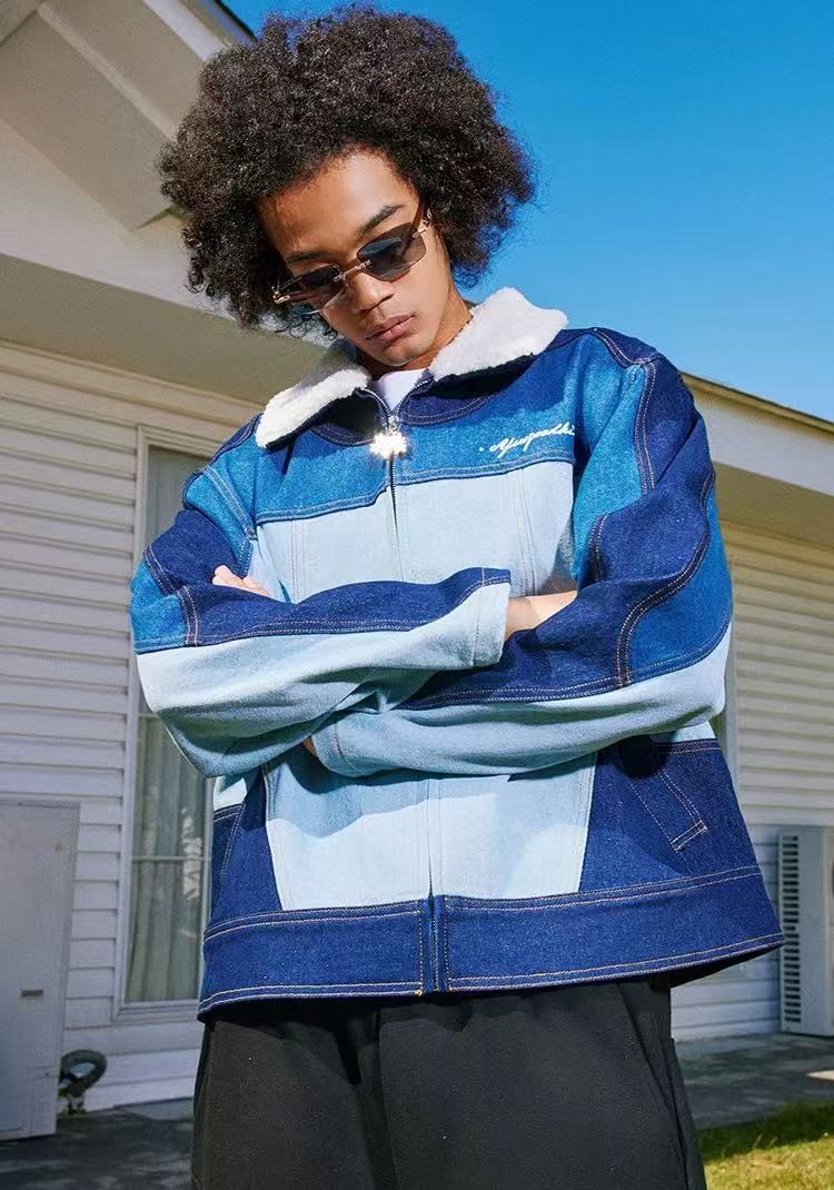 AFGK Spliced Fur Collar Denim Letter Embroidery Jacket