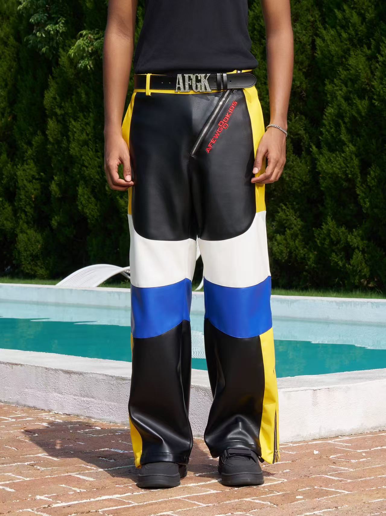 AFGK Street Black and Yellow Contrast Zipper Leather Pants