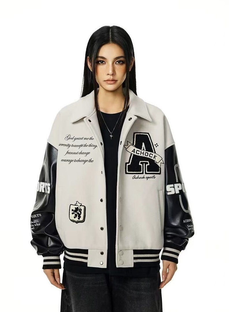 ACHOCK Embroidered Lapel Vintage Baseball Jacket
