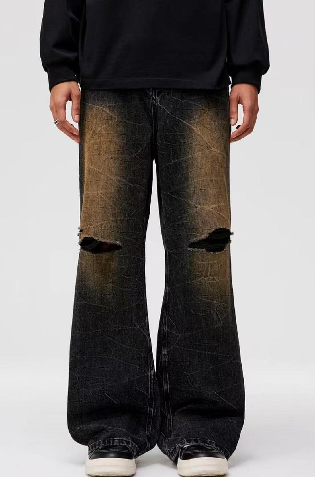 ATRY Heavy Textured Washed Knee Ripped Denim Trousers