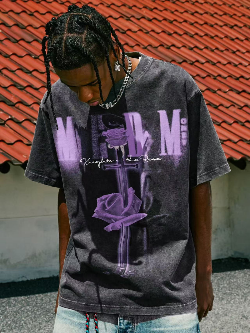 MEDM Sword and Rose" Thermosetting Oil Printed Short-sleeved T-shirt