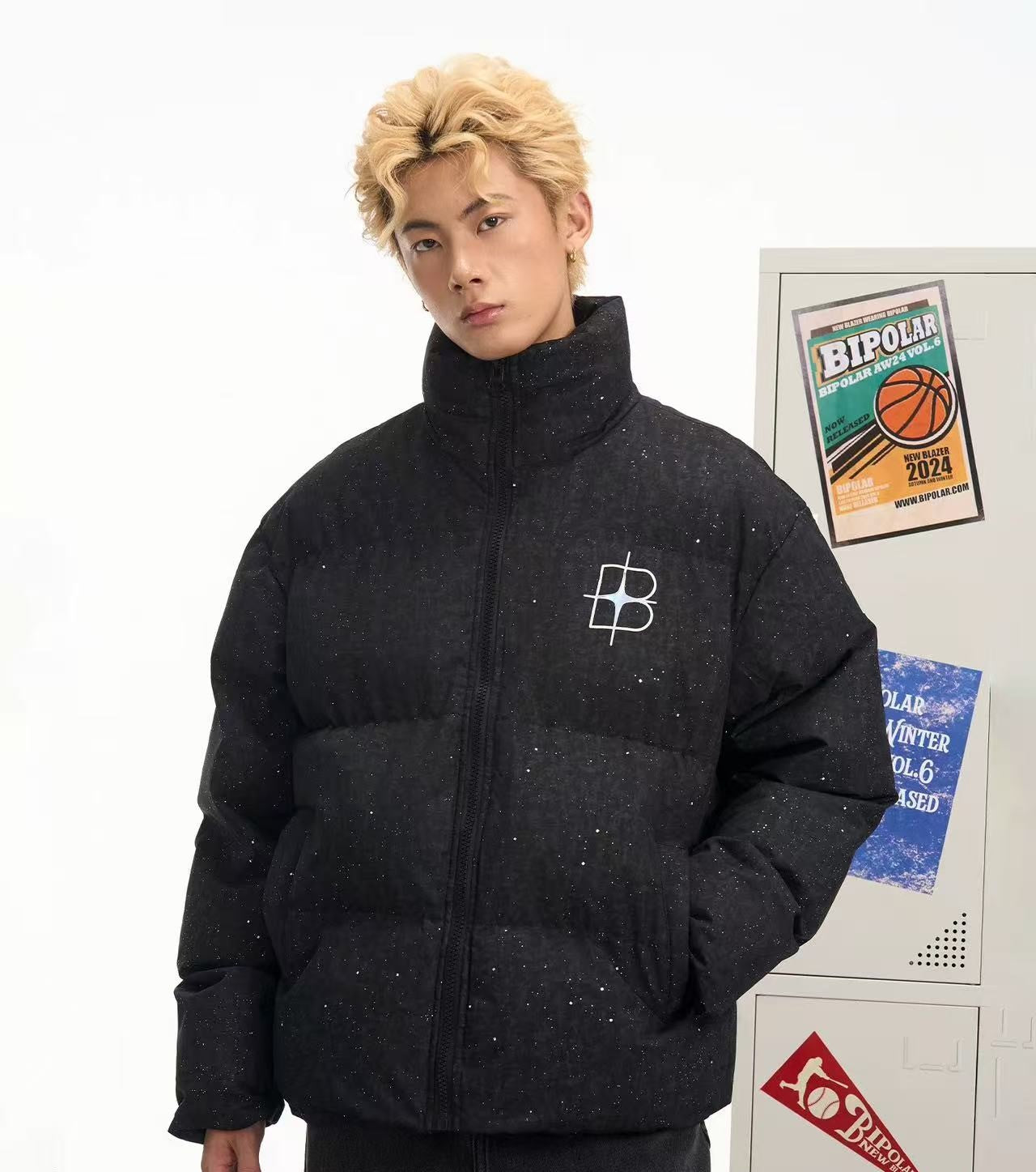 BIPOLAR Four-pointed Star Black Starry Sky Cotton Jacket