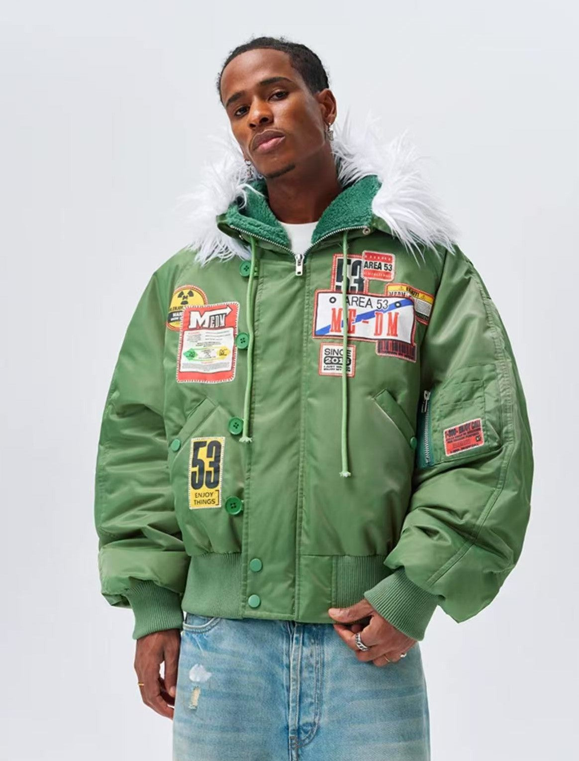 MEDM MA1 Down Jacket with License Plate Patch and Fur Collar Hood