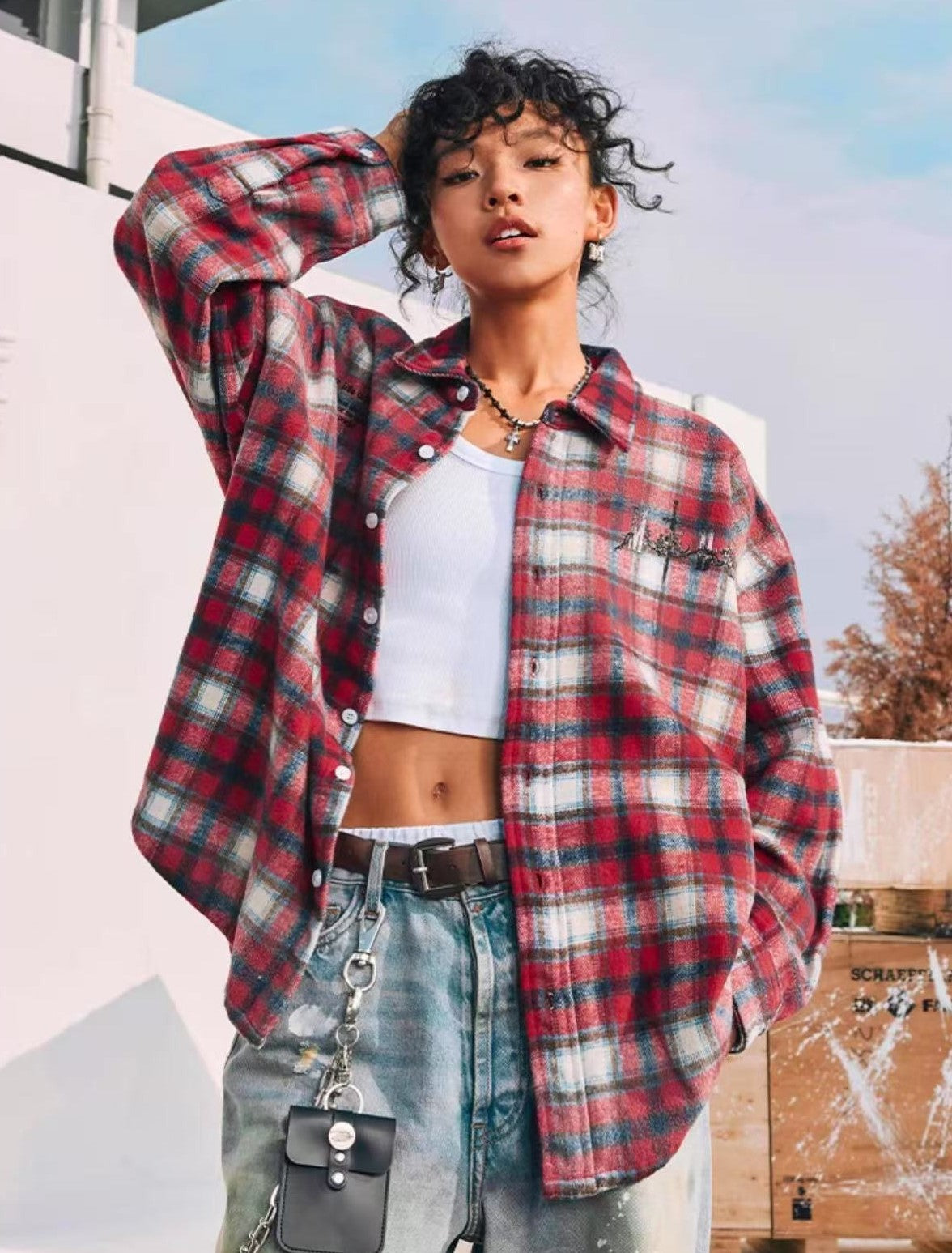 MEDM Washed Distressed Rose and Sword Plaid Long-sleeve Shirt