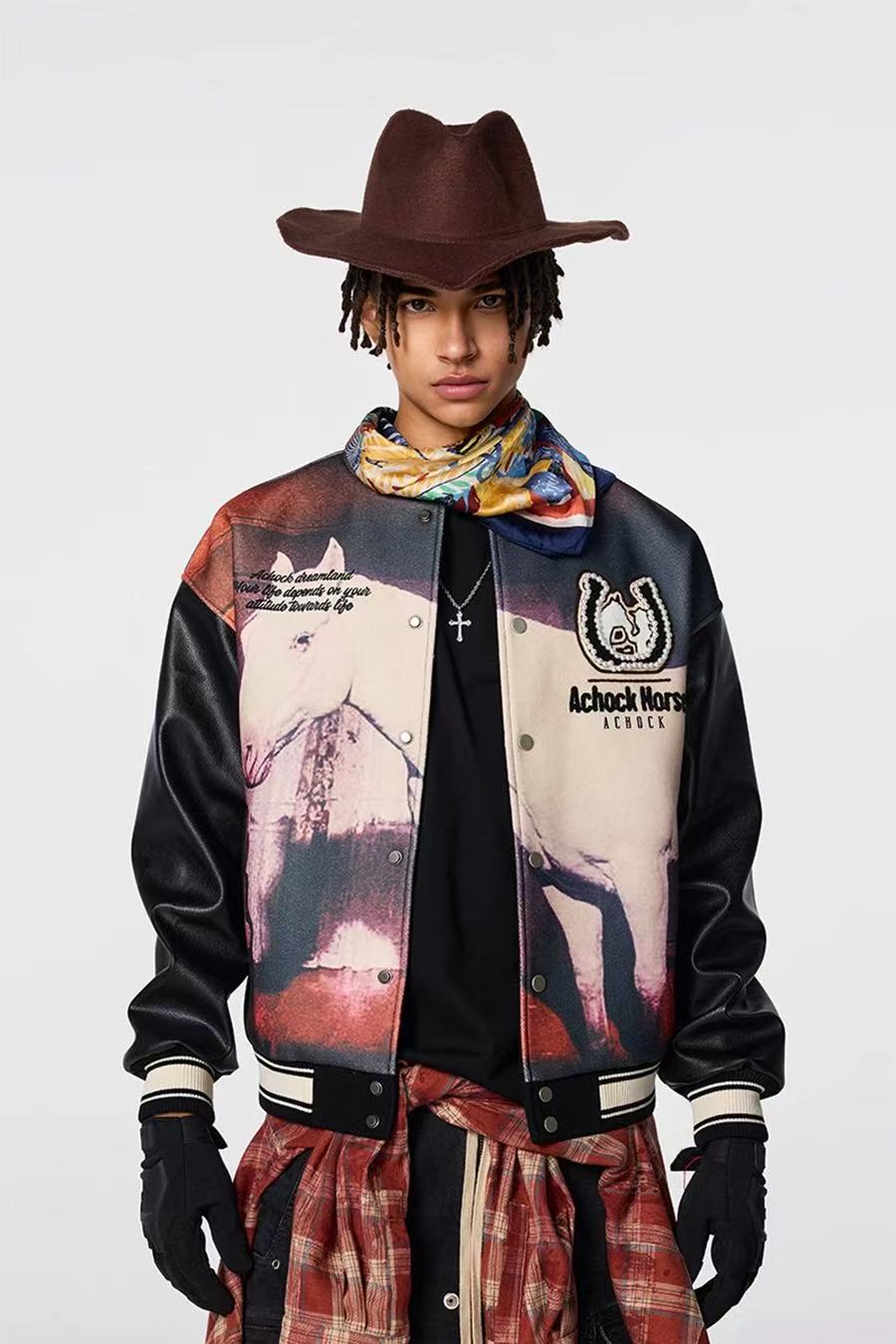 ACHOCK Vintage Western Cowboy Full Printing Hot Drill Jacket