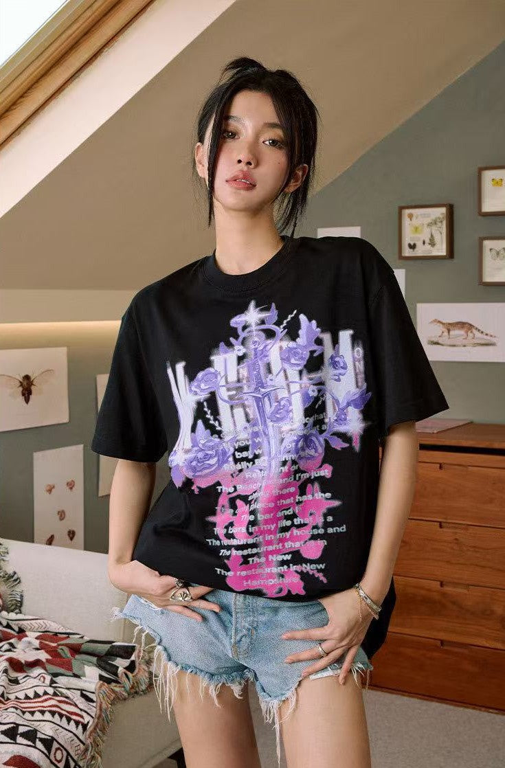 MEDM Rose and Sword Print Short-sleeve T-Shirt