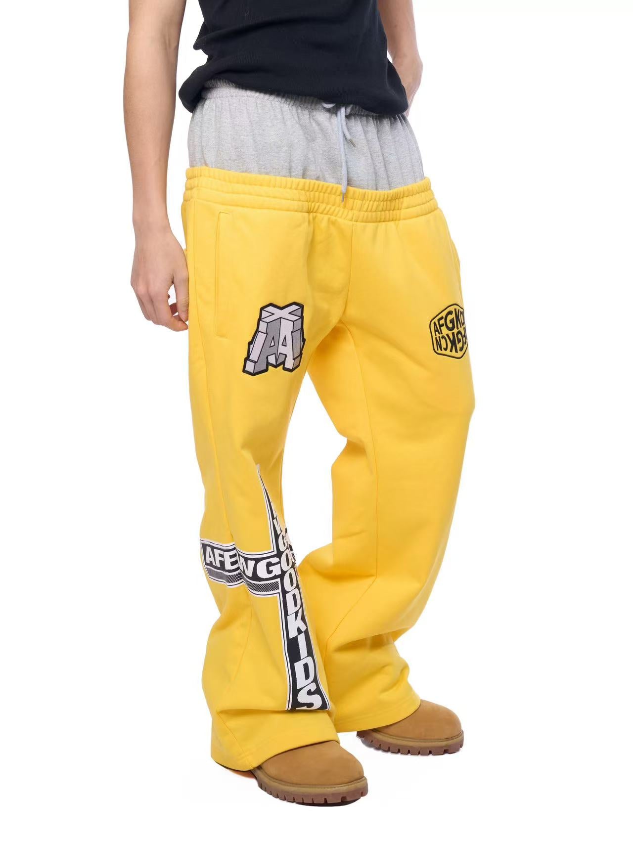 AFGK Fake Two Piece Double Waist Drawstring Bootcut Sweatpants