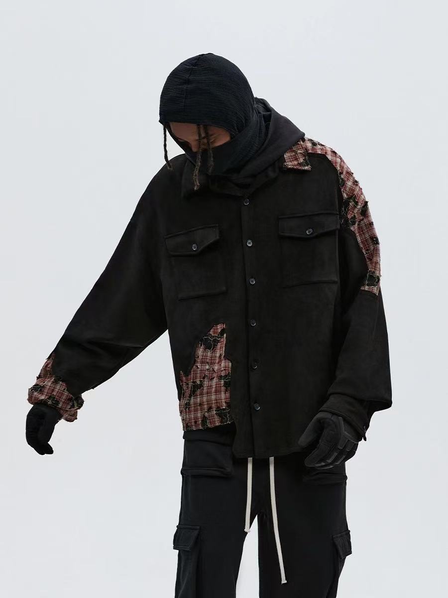 ATRY Destructive Plaid Patchwork Irregular Jacket