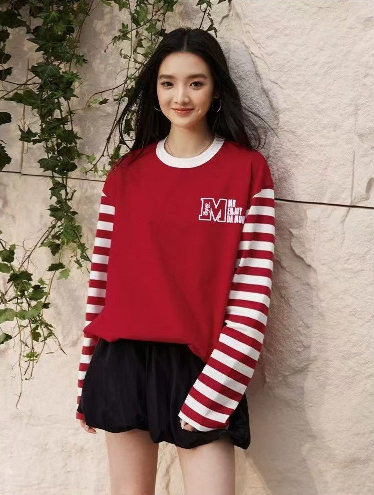 MEDM Contrast Collar Striped Long-sleeve T-Shirt