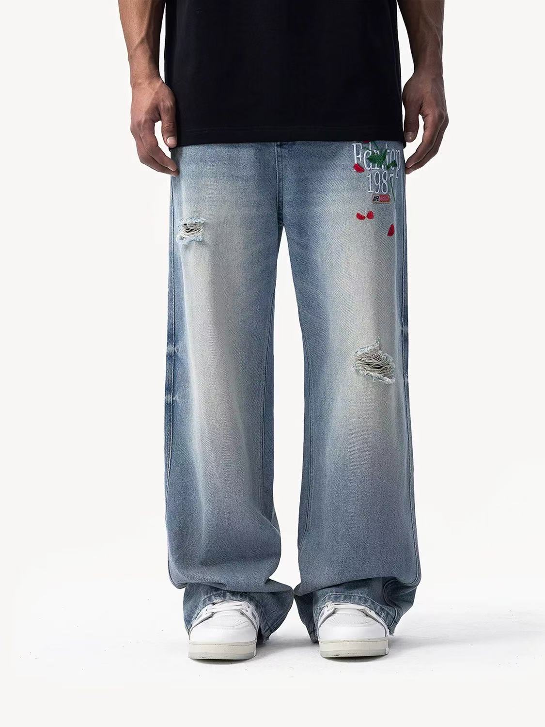 FDR Rose Embroidered Ripped Jeans