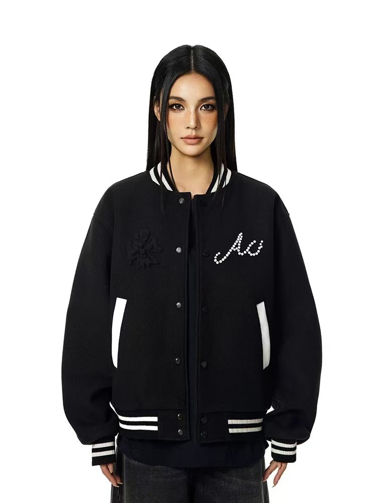 ACHOCK Heavy Embroidered Pearl Design Baseball Jacket