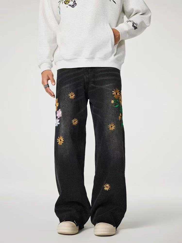 ACHOCK Washed Sun-Flower Embroidered Jeans