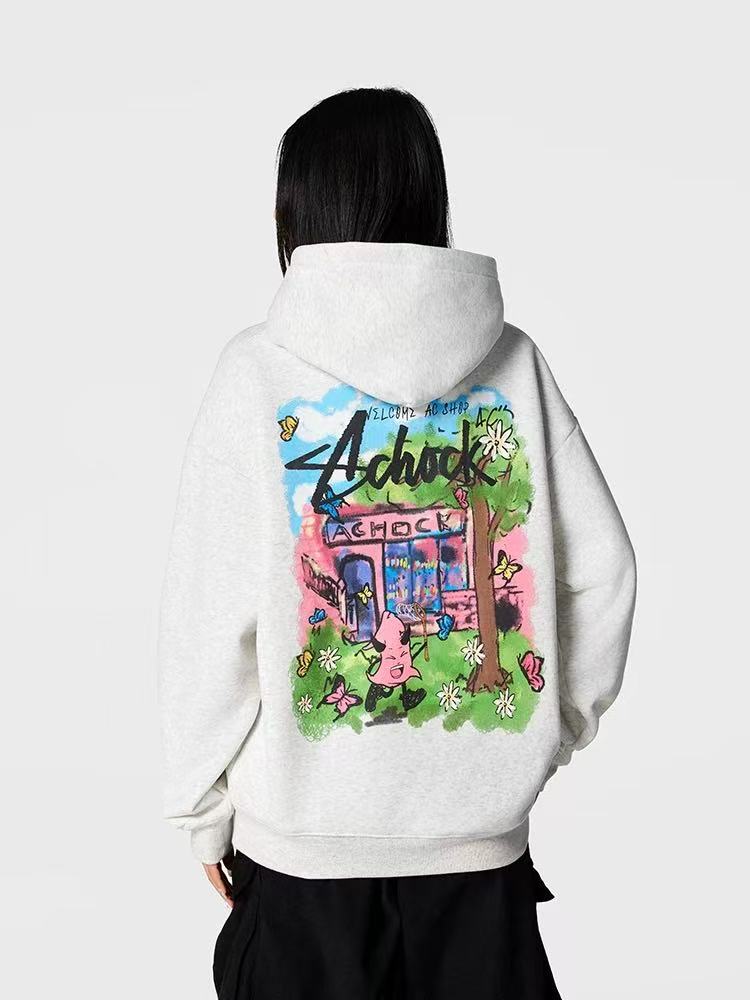 ACHOCK Hip Hop Cartoon Pattern Printed Hoodie