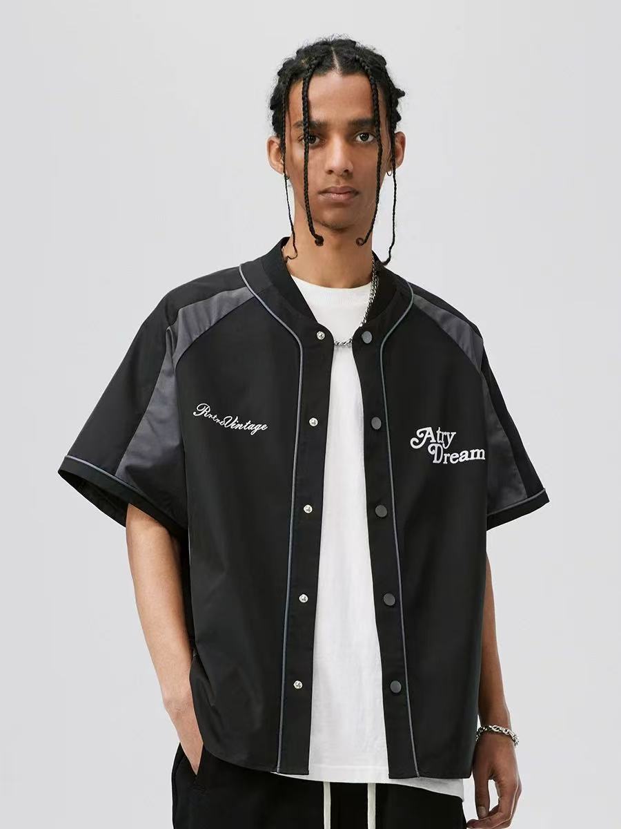 ATRY Raglan Patchwork Baseball Cardigan Short-sleeves T-shirt