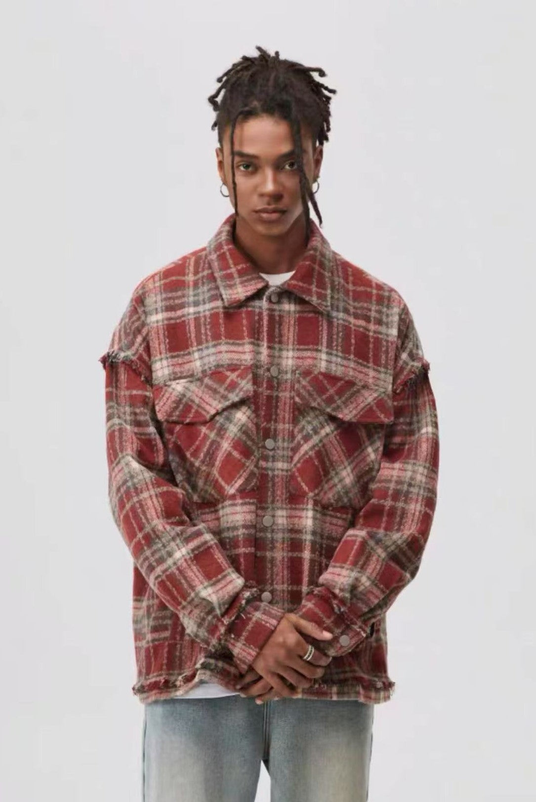ATRY Washed Distressed Vintage Plaid Raw Edge Jacket