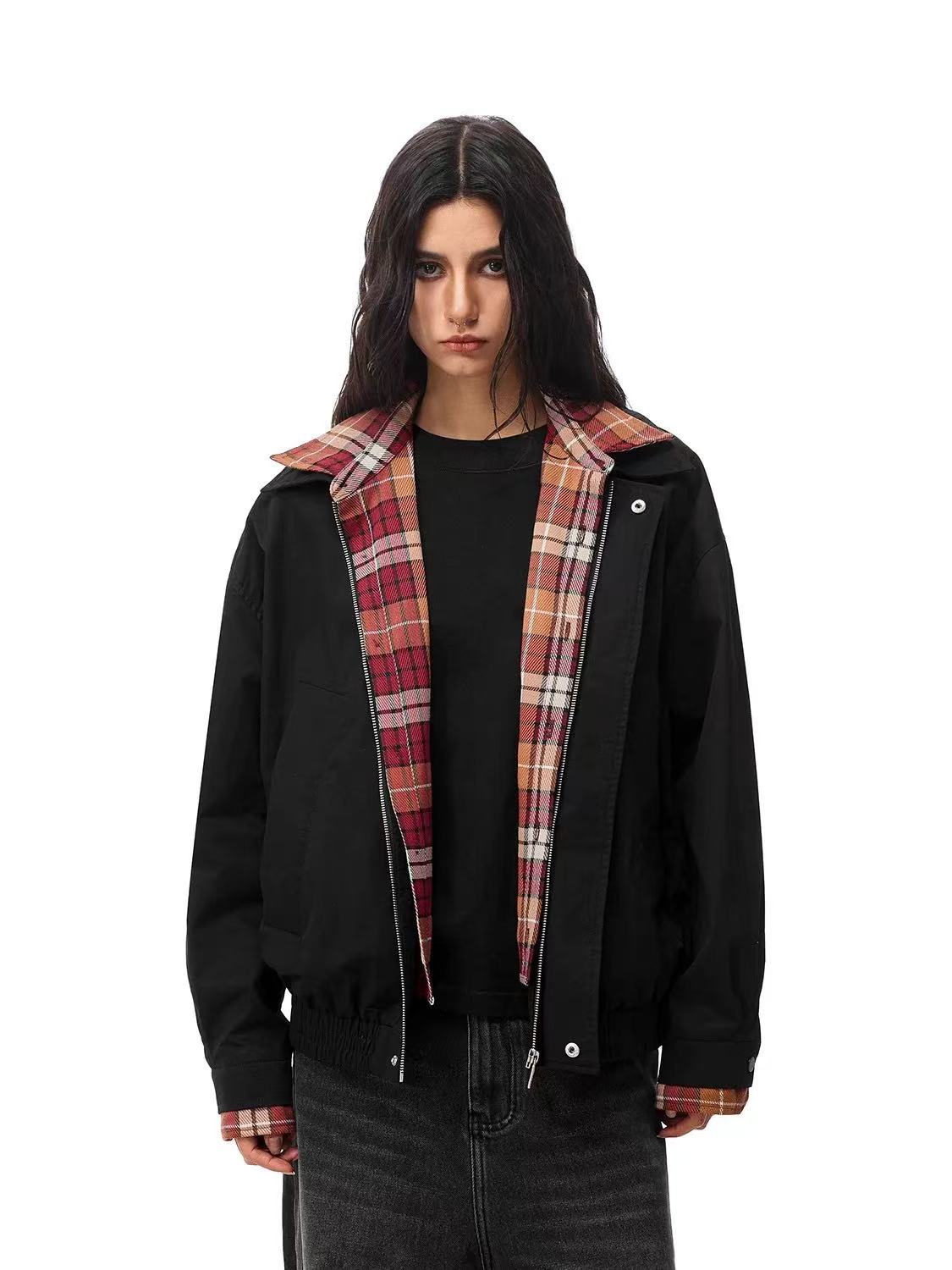 FDR Contrast Patchwork Plaid Fake Two-piece Jacket