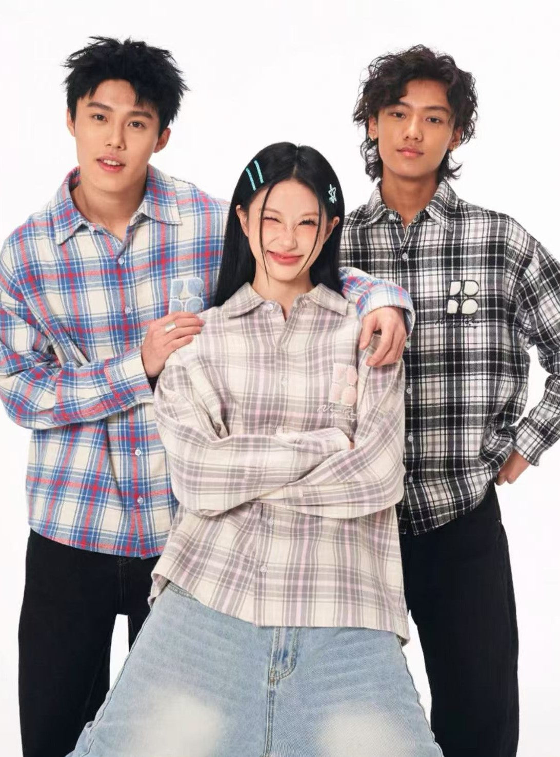 BIPOLAR Fleece patchwork Brushed Contrast plaid Tops