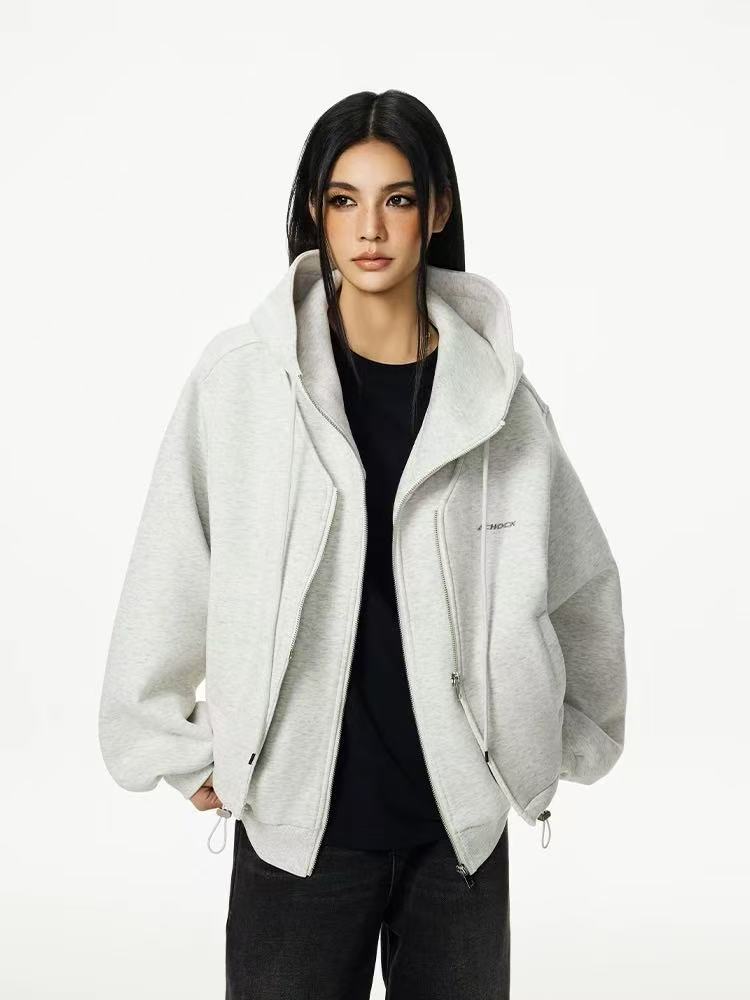 ACHOCK Double Zipper Air Layer Cardigan Hooded Jacket