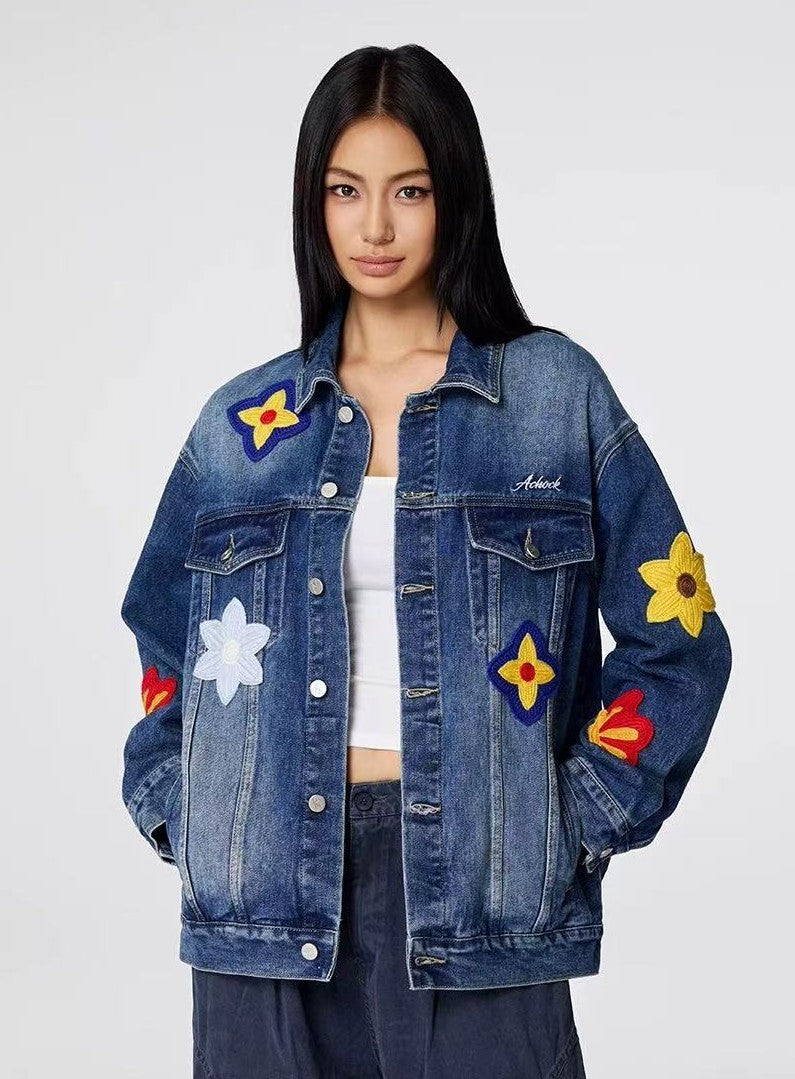 ACHOCK Flower Embroidered Denim Jacket