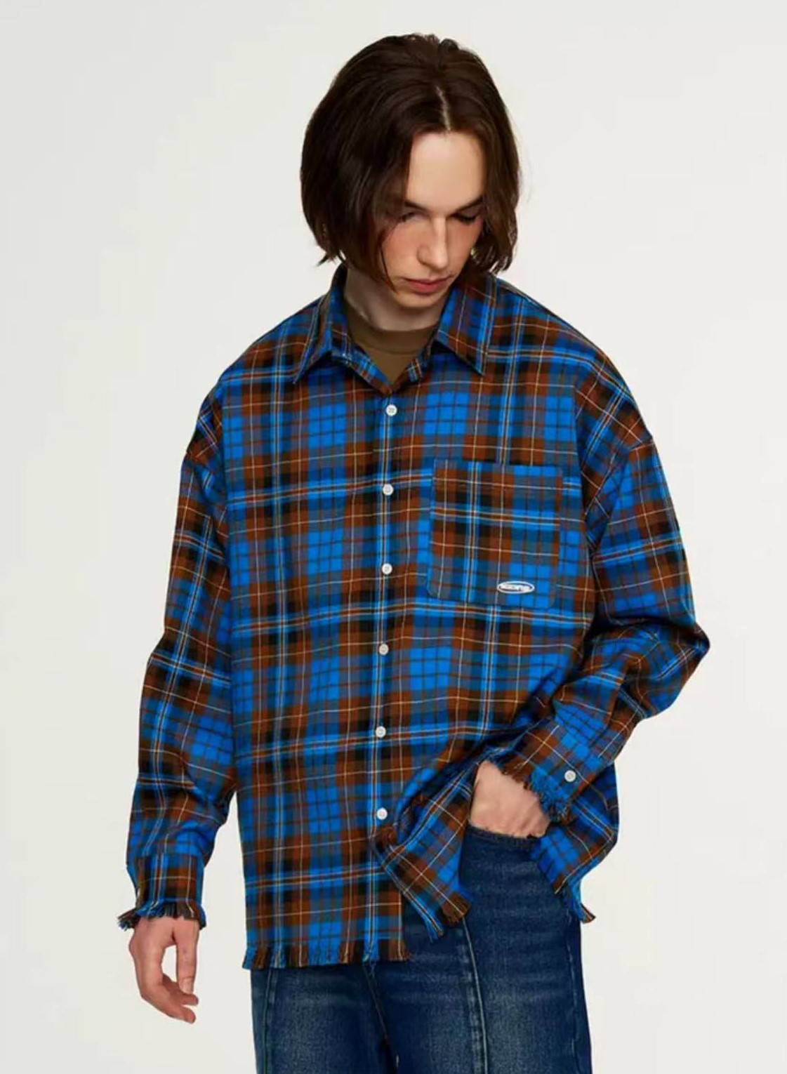 ICONSLAB Plaid Hem Long Sleeve T-shirt