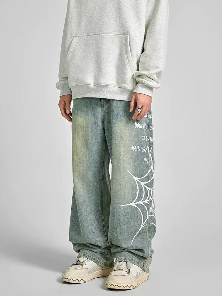 ACHOCK Spiderweb Print Washed Jeans