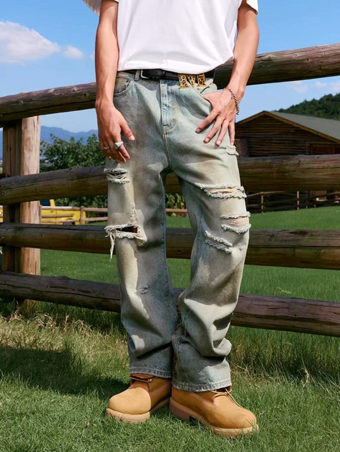 MEDM Large Letter Patch Leather Washed Ripped Jeans