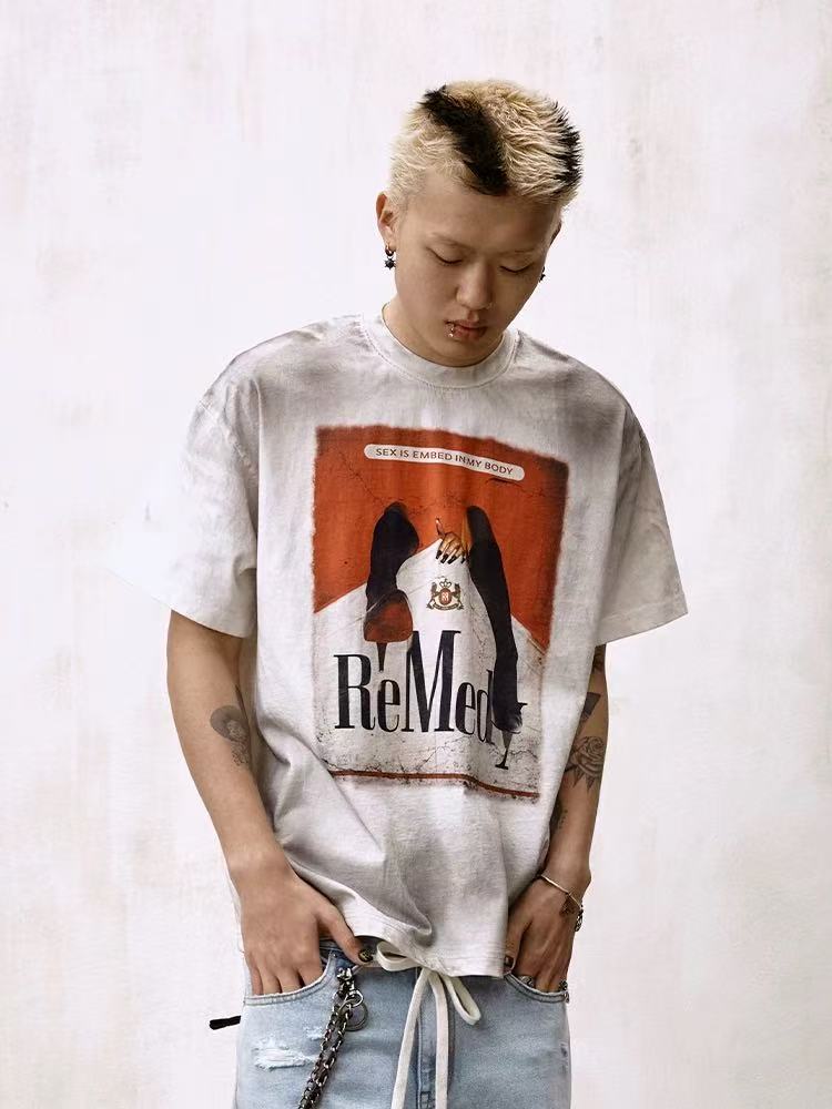 REMEDY Distressed Marlboro Design Short-sleeve T-Shirt