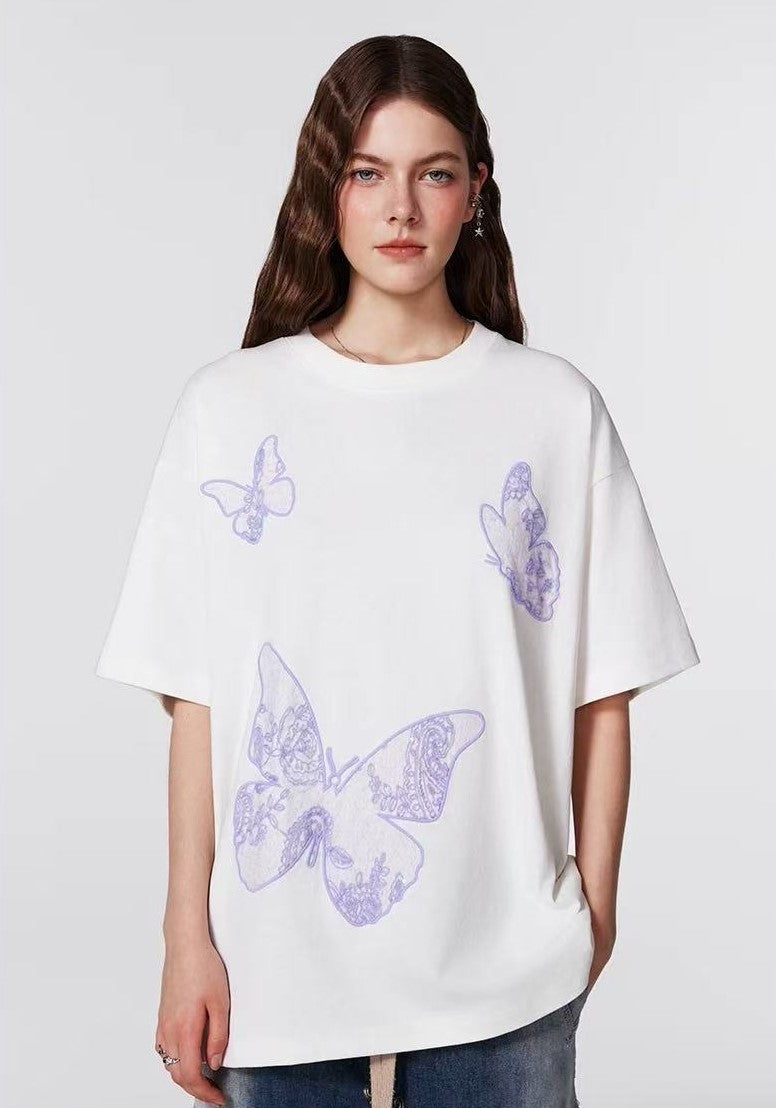 ACHOCK Butterfly Embroidered Crew Neck Short Sleeves Tee