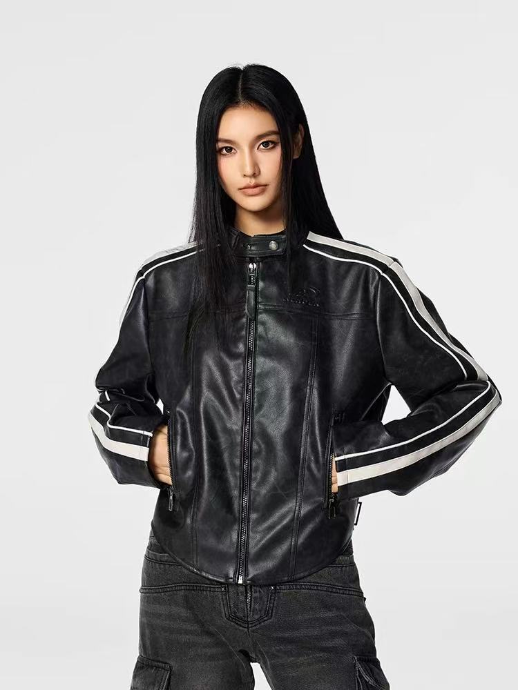 ACHOCK Leather Striped Motorcycle Jacket (For Women)