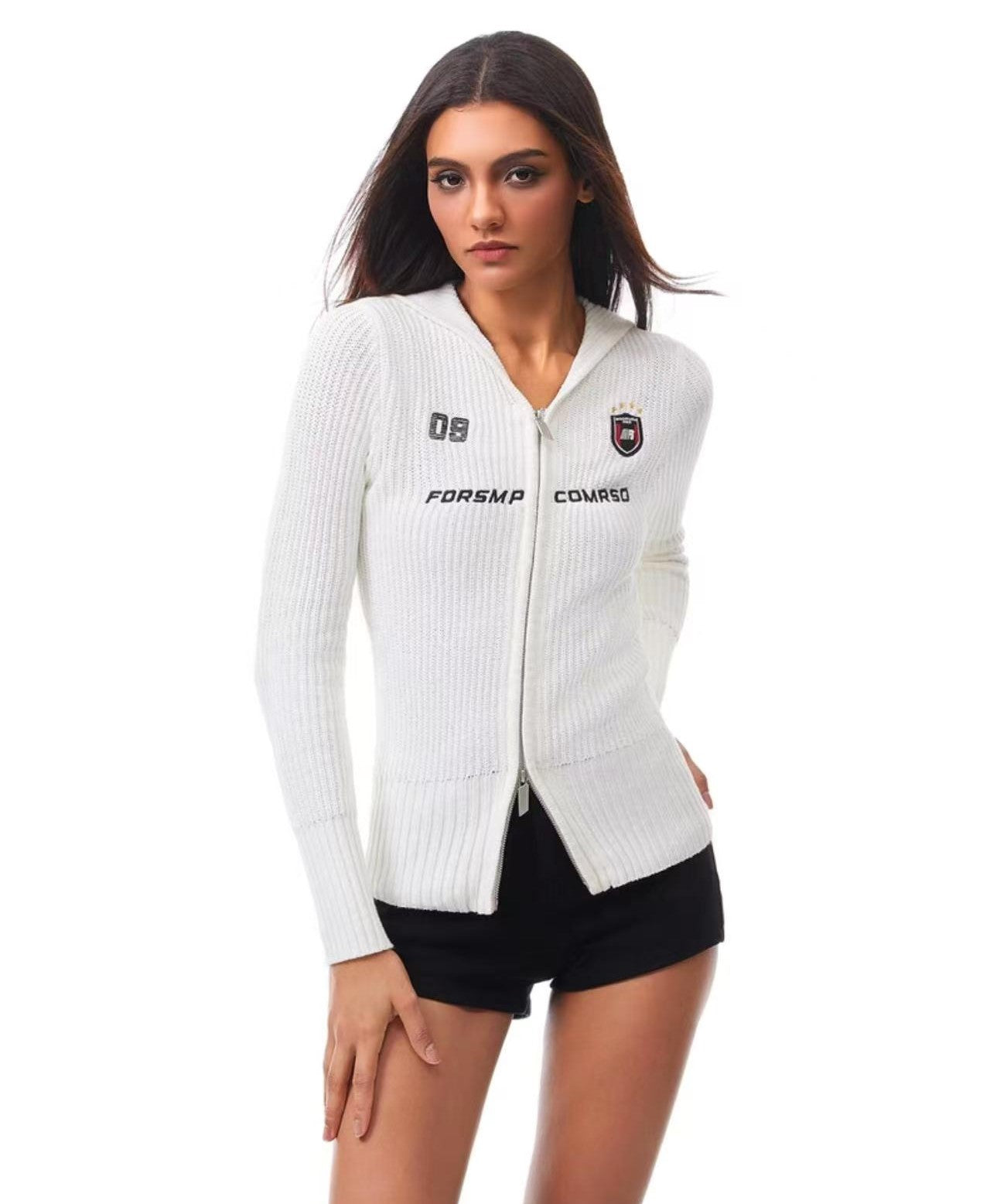 FDR Slim Fit Badge Knitted Zipper Hoodie (For Women)