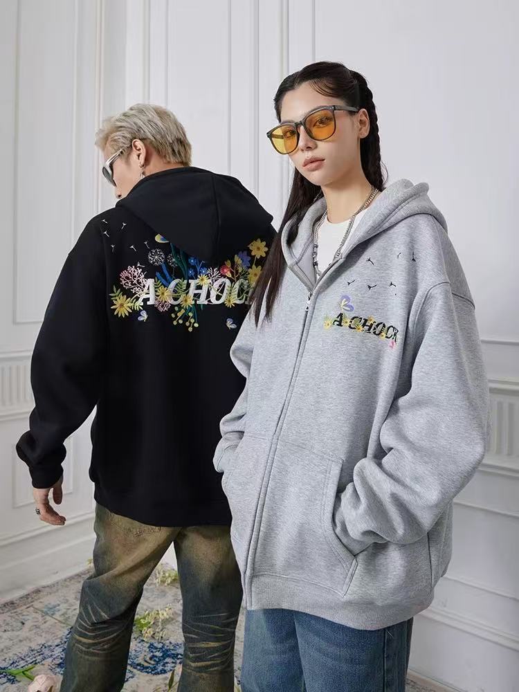 ACHOCK Heavy Floral Embroidered Zipper Sweatshirt